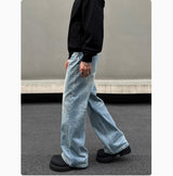 Men's Retro Whisker Washed Blue Straight Jeans