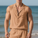 Sleeveless Linen Polo Collar Solid Color Cardigan Beach Shirt Vest