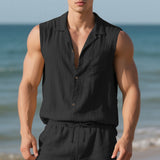 Sleeveless Linen Polo Collar Solid Color Cardigan Beach Shirt Vest