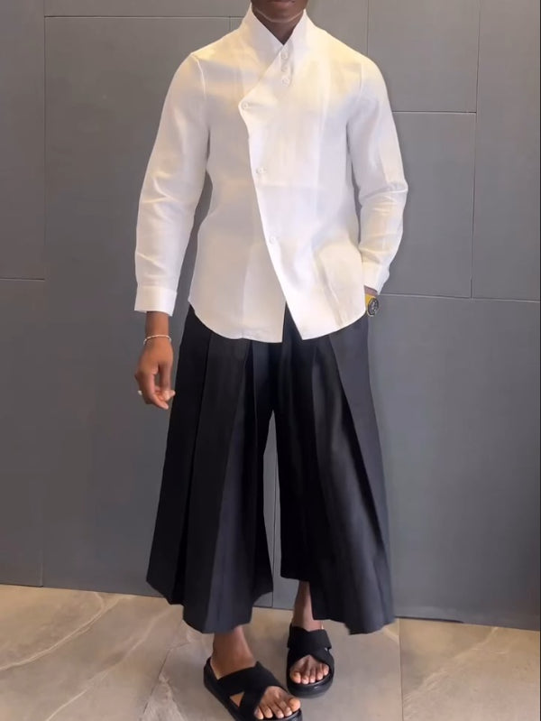 White Asymmetric - Front Long - Sleeve Shirt And Black Pleated Pants Set