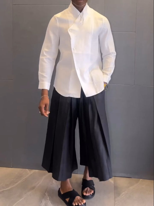 White Asymmetric - Front Long - Sleeve Shirt And Black Pleated Pants Set