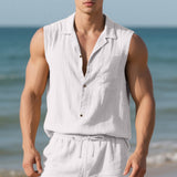 Sleeveless Linen Polo Collar Solid Color Cardigan Beach Shirt Vest