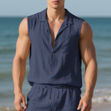 Sleeveless Linen Polo Collar Solid Color Cardigan Beach Shirt Vest