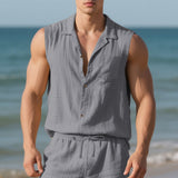 Sleeveless Linen Polo Collar Solid Color Cardigan Beach Shirt Vest