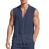 Sleeveless Linen Polo Collar Solid Color Cardigan Beach Shirt Vest