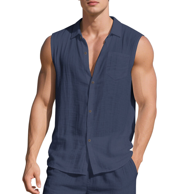 Sleeveless Linen Polo Collar Solid Color Cardigan Beach Shirt Vest