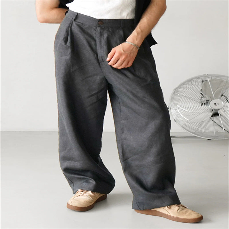 Men's Loose Linen Pleated High Waist Jogger Pants Breathable Daily Casual Pants