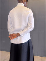 White Asymmetric - Front Long - Sleeve Shirt And Black Pleated Pants Set