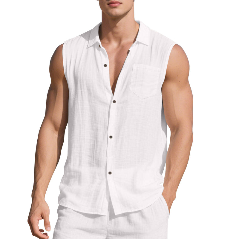 Sleeveless Linen Polo Collar Solid Color Cardigan Beach Shirt Vest