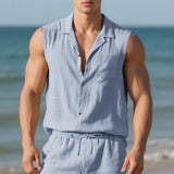Sleeveless Linen Polo Collar Solid Color Cardigan Beach Shirt Vest