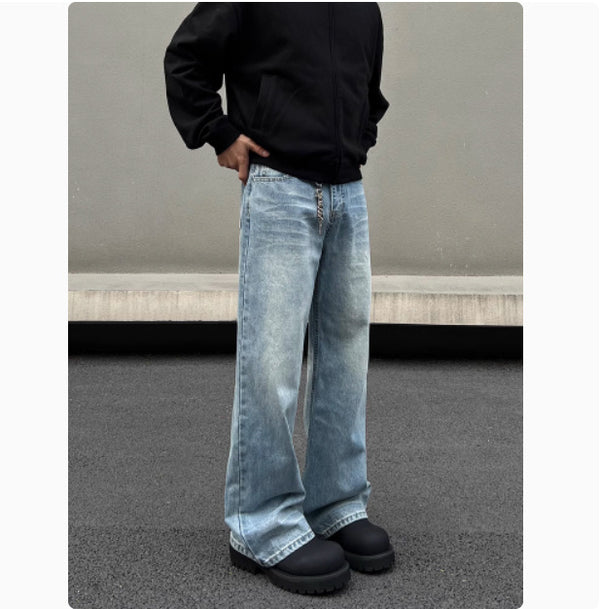 Men's Retro Whisker Washed Blue Straight Jeans