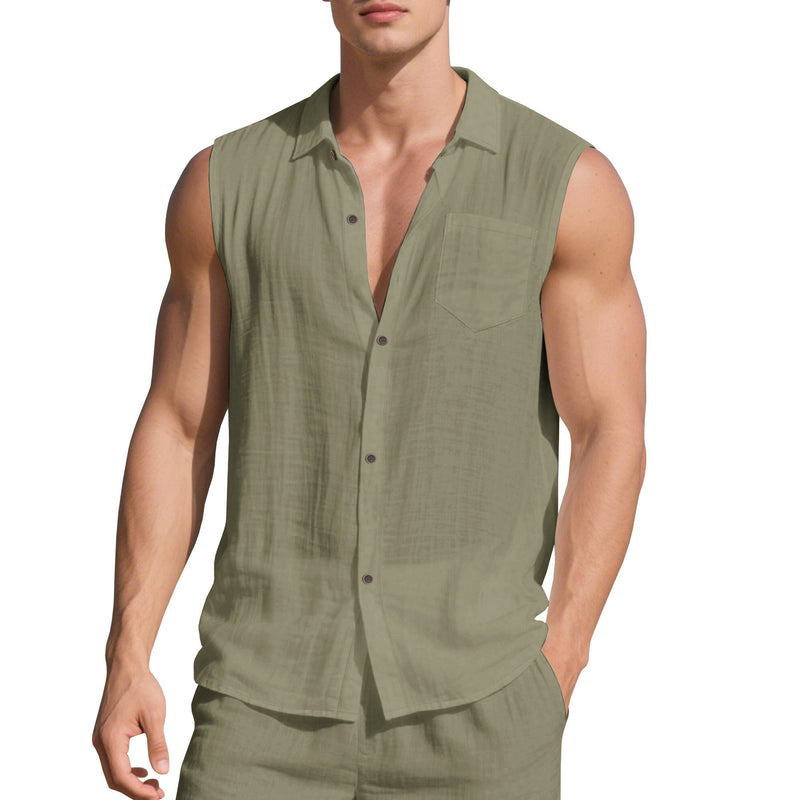 Sleeveless Linen Polo Collar Solid Color Cardigan Beach Shirt Vest
